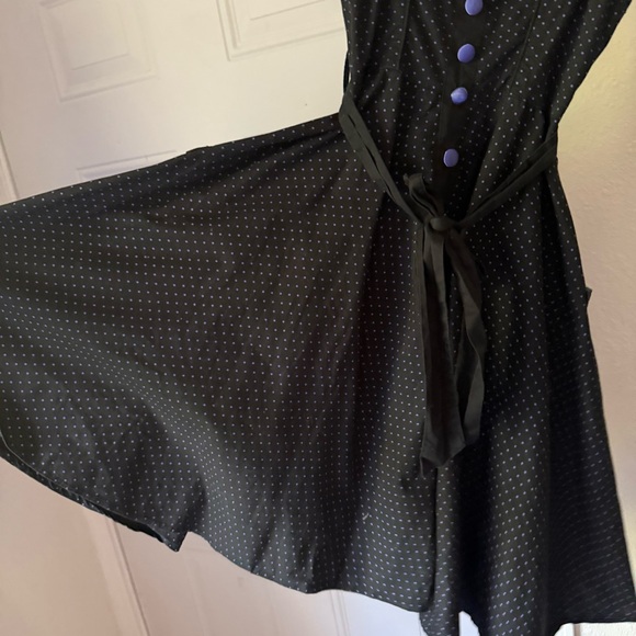 HELL BUNNY black purple Polka dot pinup retro mod button up belted midi mini - Picture 4 of 7
